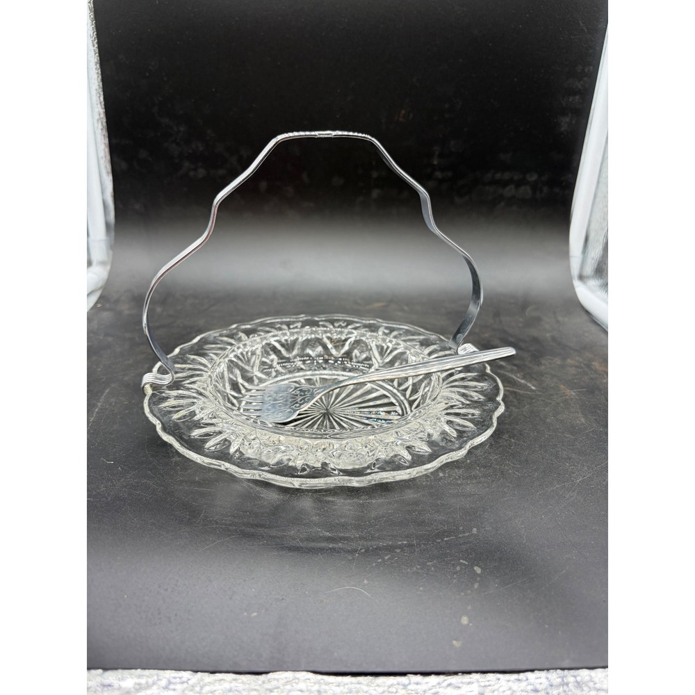 Vintage Pressed Glass Relish Dish with Chrome Handle and Serving Fork Set